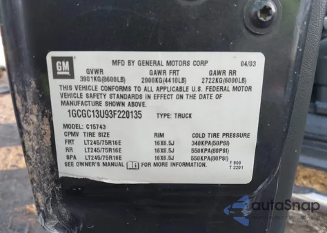 2003 Chevrolet Silverado 1500Hd Ls from USA, damaged, VIN 1GCGC13U93F220135